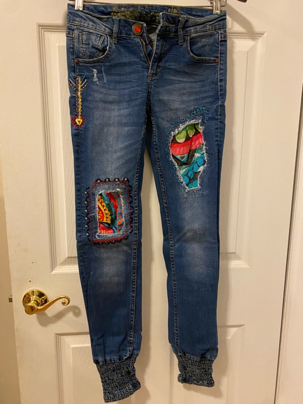 Desigual Blue Cropped Skinny Jeans with Colorful Patchwork